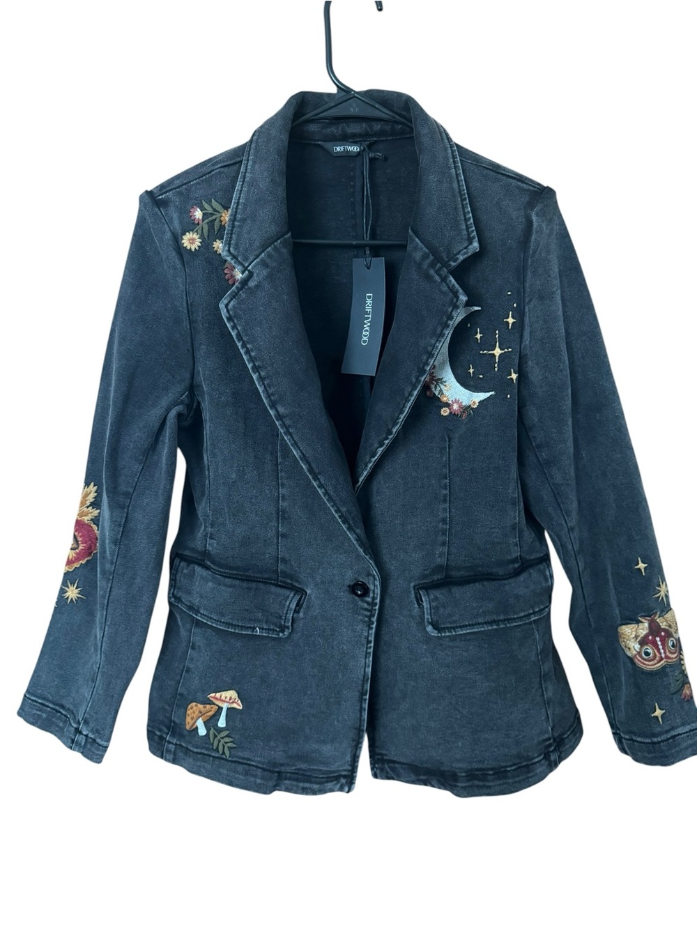 Driftwood JeansEmbroidered Midnight Denim Blazer with Celestial & Floral Accents